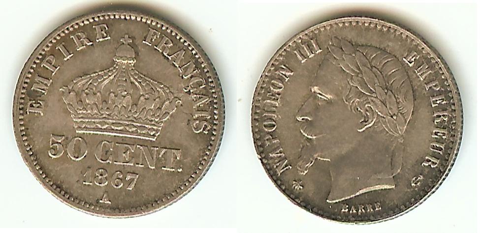 50 centimes Napoléon III, tête laurée 1867 Paris TTB++ à SUP